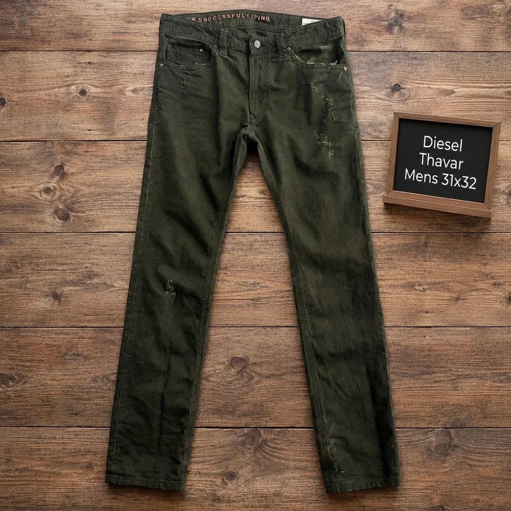 Diesel Thavar Slim Skinny Jeans Mens 31x32 Olive Green Distressed 0802K Italy